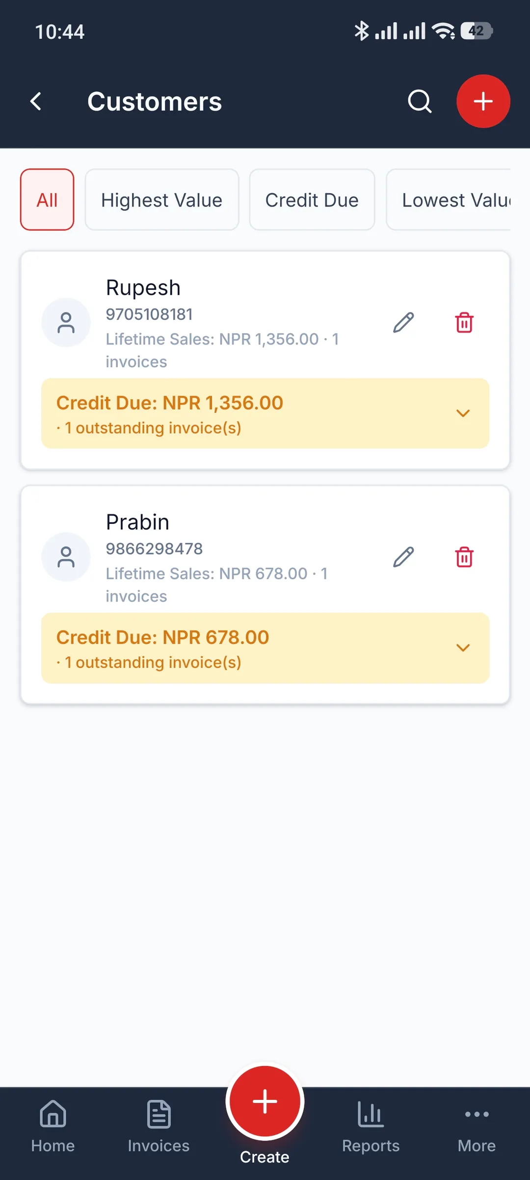 SajiloBill customers screen showing lifetime sales and credit due