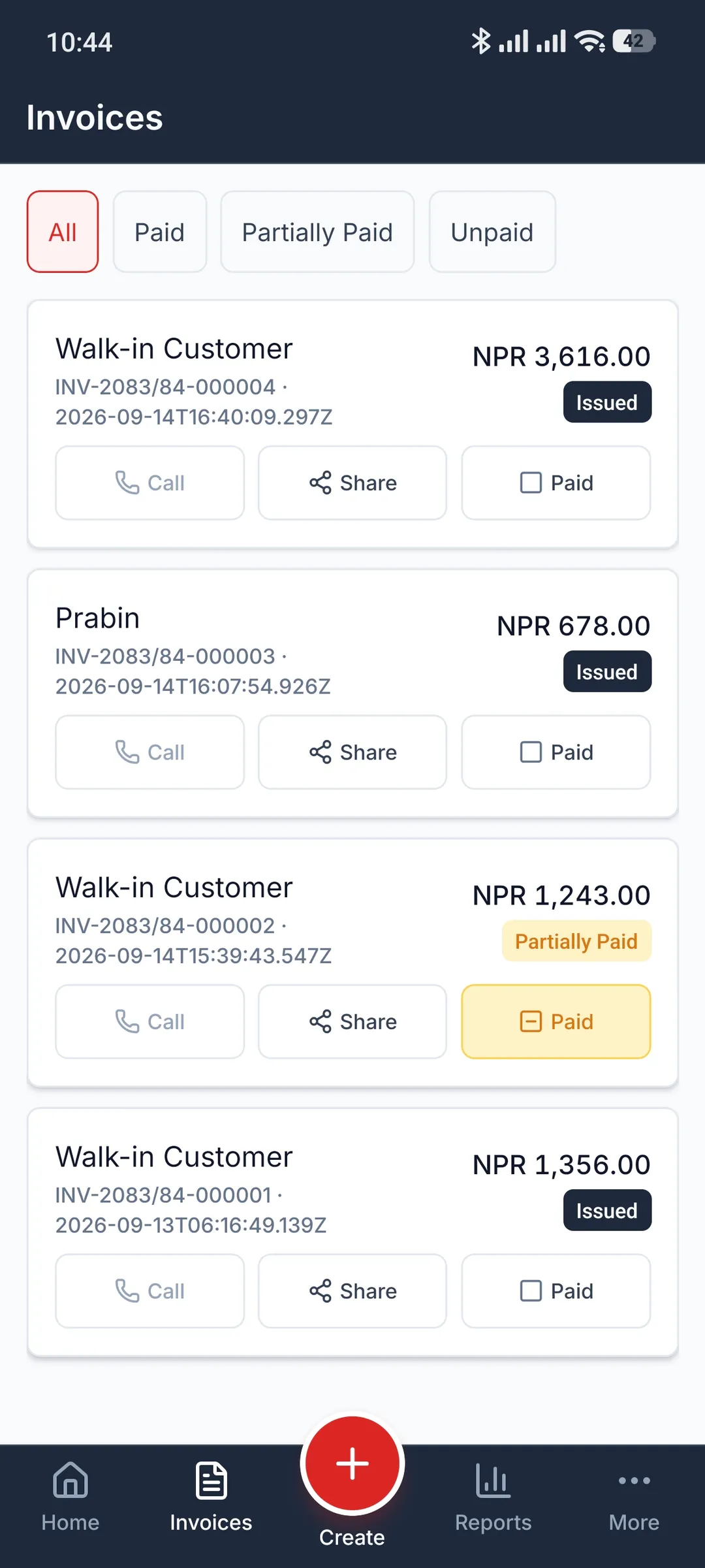 SajiloBill invoices list with paid, partially paid and unpaid filters