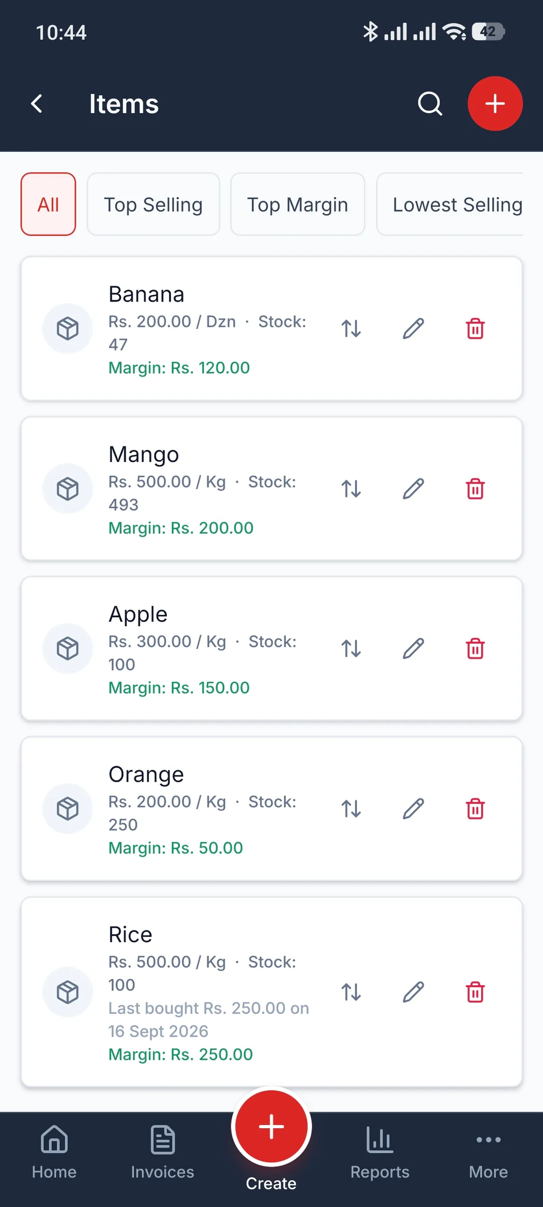 SajiloBill items screen showing stock levels and margin per item