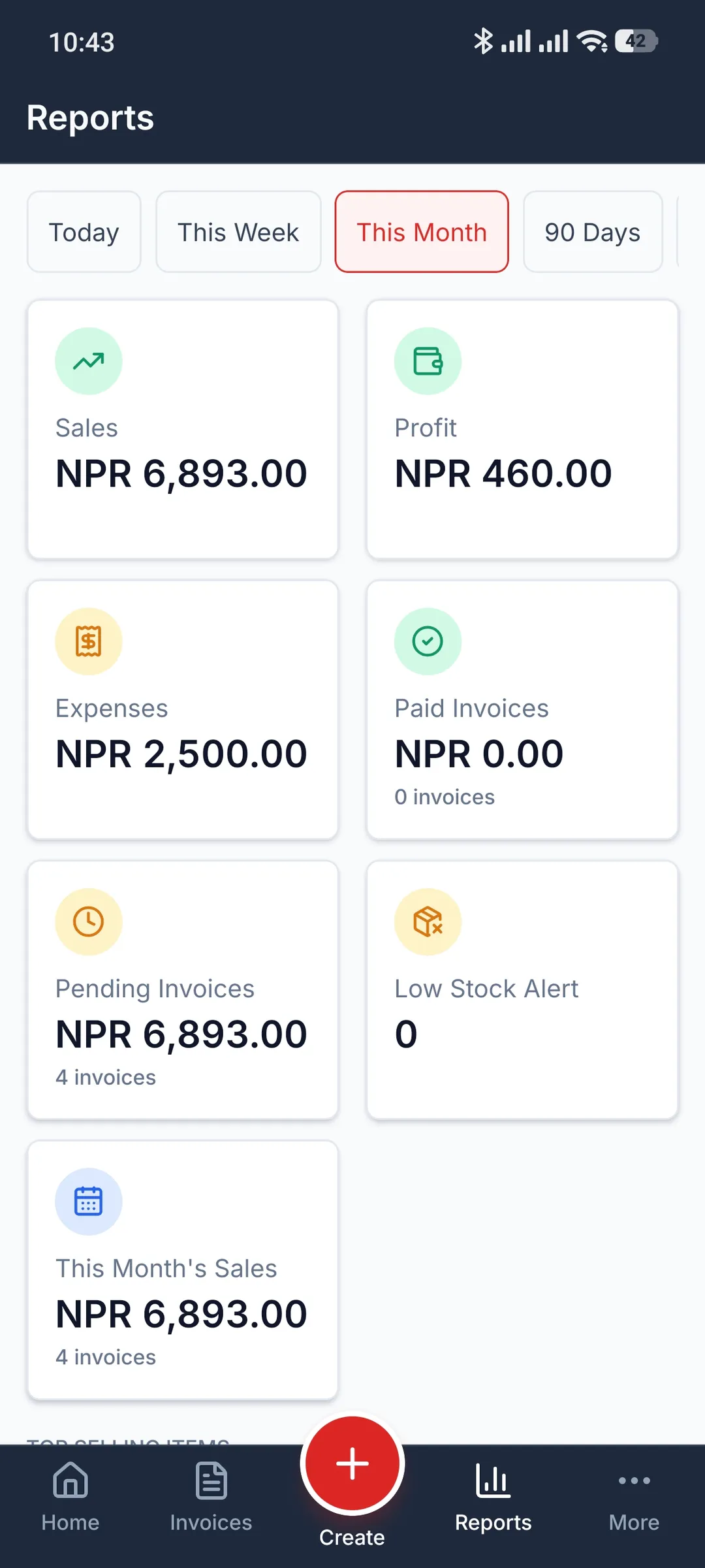 SajiloBill reports screen with sales, profit, expenses and pending invoices