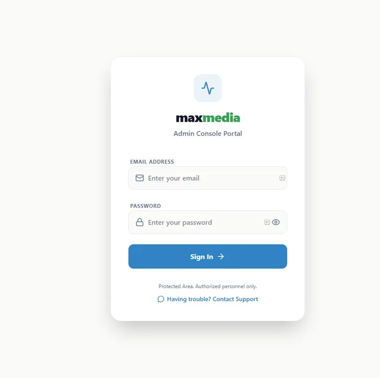 Max Media admin dashboard login screen