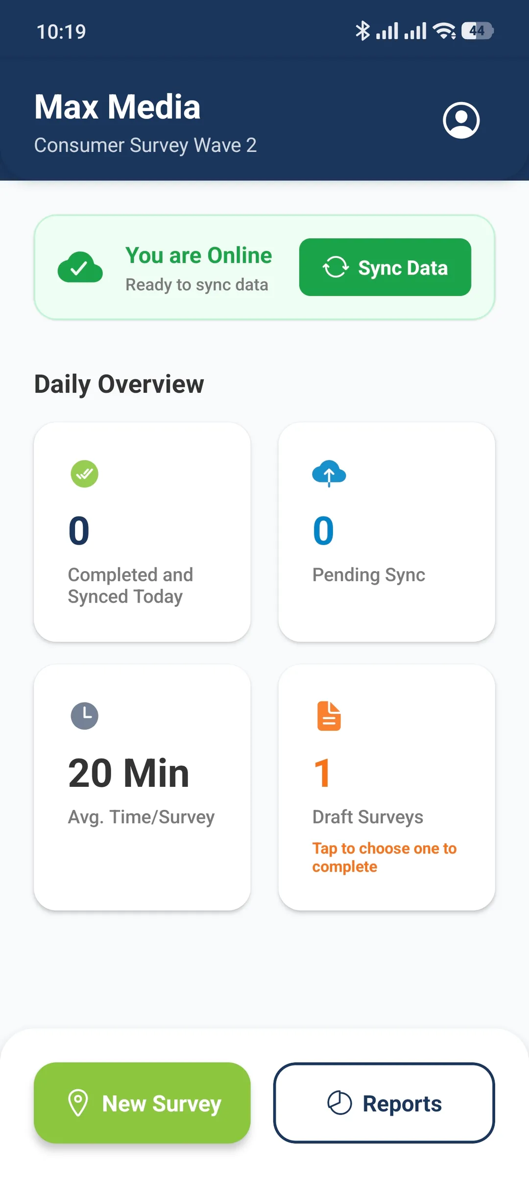 Max Media survey app home screen showing sync status and daily survey overview