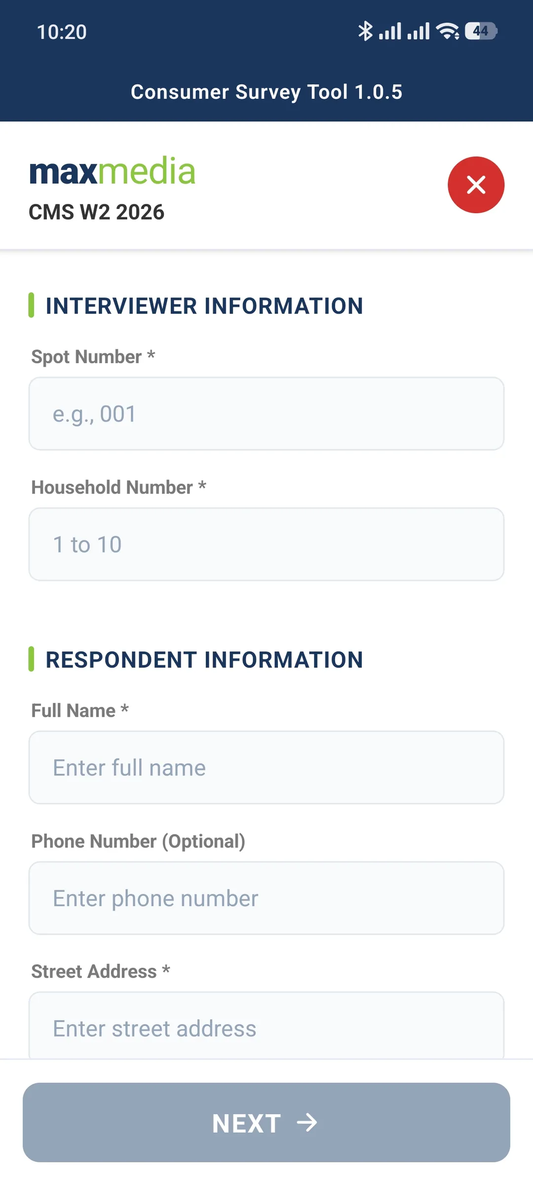 Max Media survey app interviewer and respondent information form