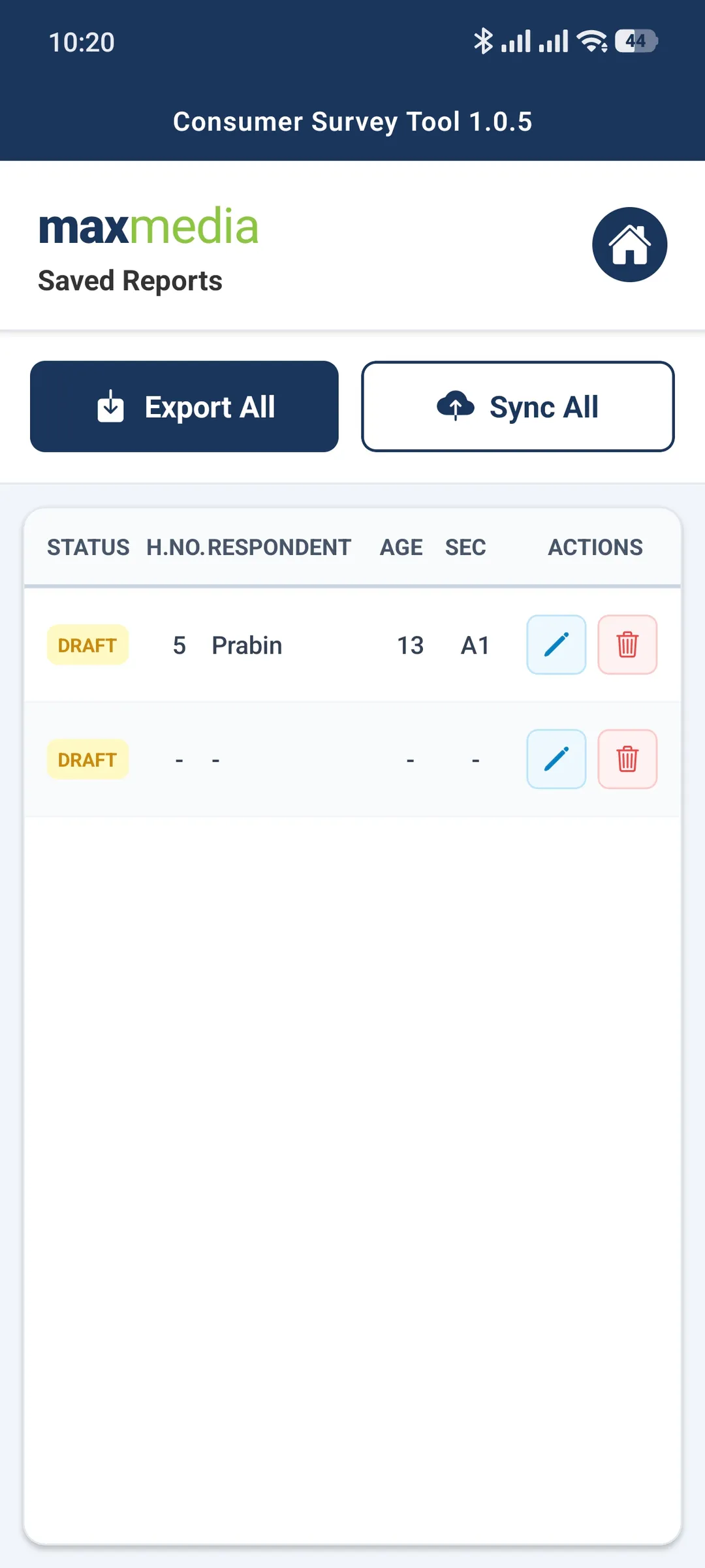 Max Media survey app saved reports screen listing draft submissions