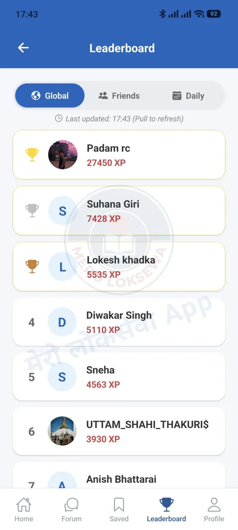 Mero Loksewa leaderboard screen ranking users by XP